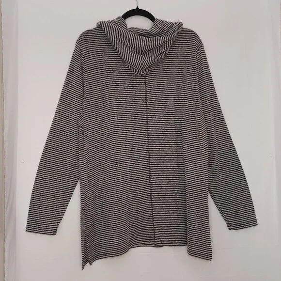 Women's Premise Black N White Striped Drawstring Hoodie with Side Slits Size XL - Picture 2 of 8